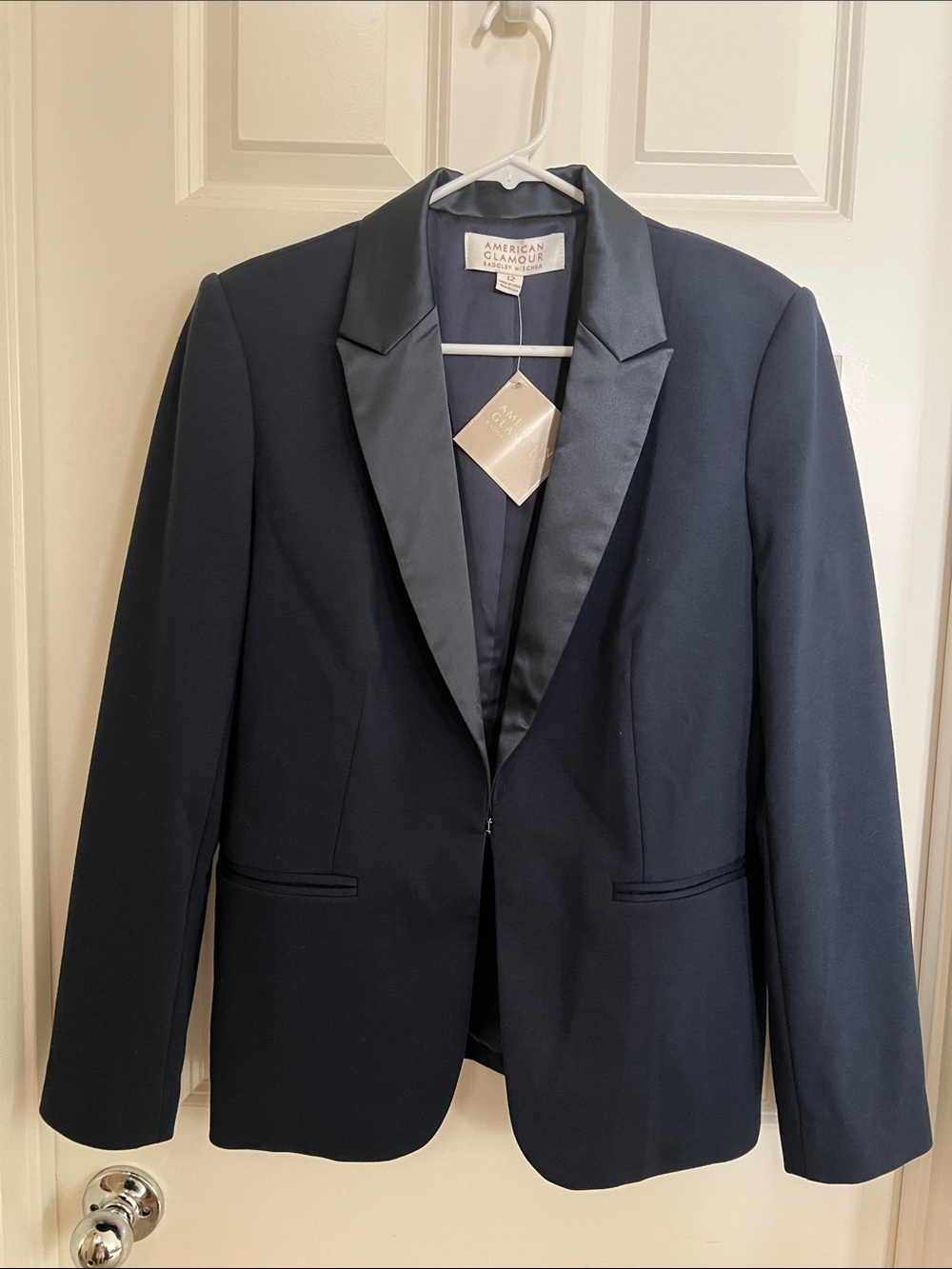 Badgley Mischka Navy Blazer with Satin-Trim Lapel